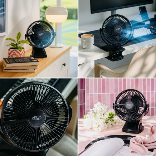 Ventiliatorius Adler Rechargeable Clip-on Desk Fan | AD 7342 | Table Fan | 5 W | Diameter 15.5 cm | Greičių skaičius 3 | Oscillation | Juodas