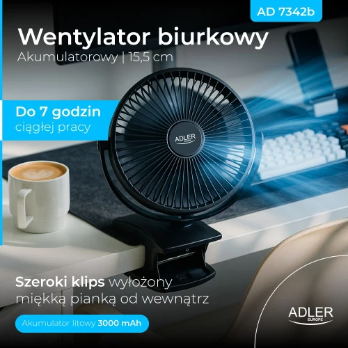Ventiliatorius Adler Rechargeable Clip-on Desk Fan | AD 7342 | Table Fan | 5 W | Diameter 15.5 cm | Greičių skaičius 3 | Oscillation | Juodas