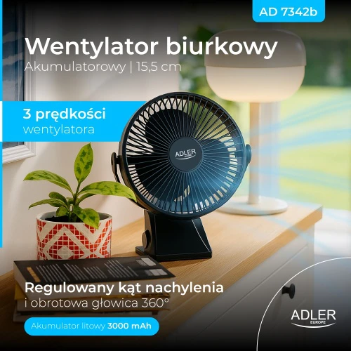 Ventiliatorius Adler Rechargeable Clip-on Desk Fan | AD 7342 | Table Fan | 5 W | Diameter 15.5 cm | Greičių skaičius 3 | Oscillation | Juodas