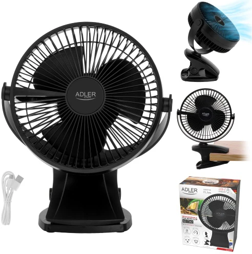 Ventiliatorius Adler Rechargeable Clip-on Desk Fan | AD 7342 | Table Fan | 5 W | Diameter 15.5 cm | Greičių skaičius 3 | Oscillation | Juodas