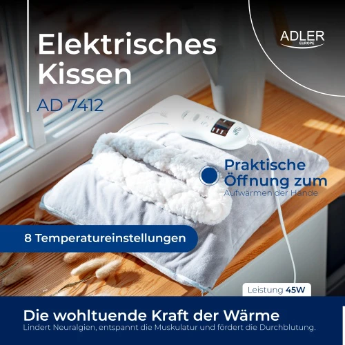 Adler | Blanket Elektrinė šildyklė | AD 7412 | Number of heating levels 8 | Number of persons 1 | Washable | Soft fleece | 80 W | Pilkas