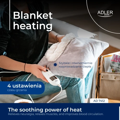 Adler | Blanket Elektrinė šildyklė | AD 7412 | Number of heating levels 8 | Number of persons 1 | Washable | Soft fleece | 80 W | Pilkas