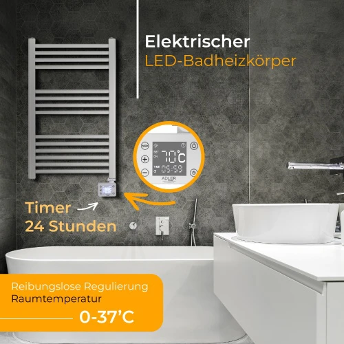 Elektrinis vonios kambario radiatorius Adler AD 7824, IP24, 600 W, Baltas