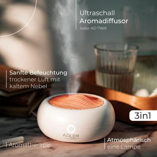 Drėkintuvas Adler | USB ultragarsinis aromato difuzorius 3in1 | AD 7969 | Ultragarsinis | Tinka kambariams iki 25 m² | Baltas