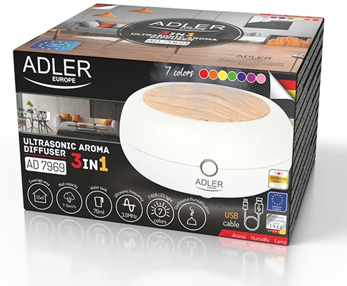 Drėkintuvas Adler | USB ultragarsinis aromato difuzorius 3in1 | AD 7969 | Ultragarsinis | Tinka kambariams iki 25 m² | Baltas