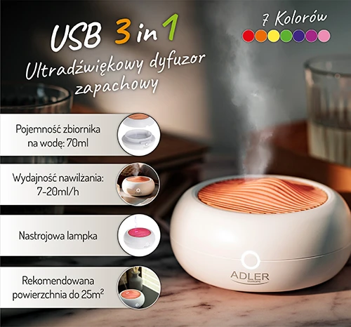 Drėkintuvas Adler | USB ultragarsinis aromato difuzorius 3in1 | AD 7969 | Ultragarsinis | Tinka kambariams iki 25 m² | Baltas