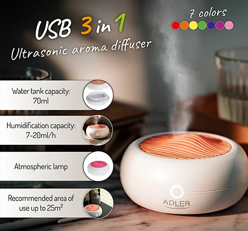 Drėkintuvas Adler | USB ultragarsinis aromato difuzorius 3in1 | AD 7969 | Ultragarsinis | Tinka kambariams iki 25 m² | Baltas