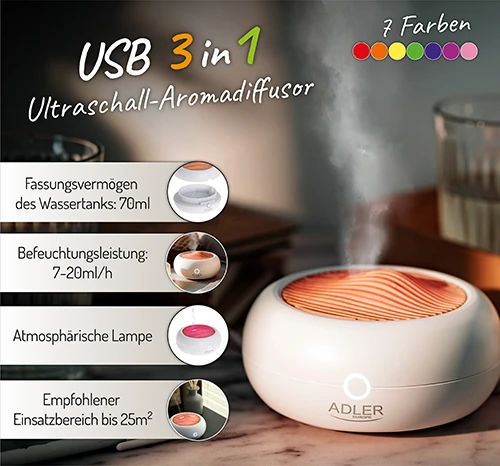 Drėkintuvas Adler | USB ultragarsinis aromato difuzorius 3in1 | AD 7969 | Ultragarsinis | Tinka kambariams iki 25 m² | Baltas