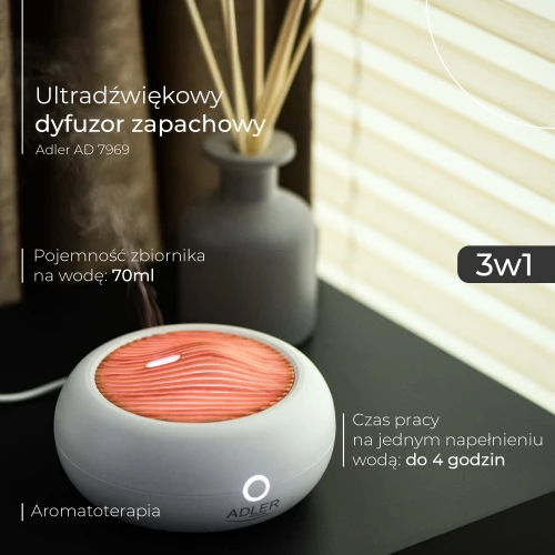 Drėkintuvas Adler | USB ultragarsinis aromato difuzorius 3in1 | AD 7969 | Ultragarsinis | Tinka kambariams iki 25 m² | Baltas