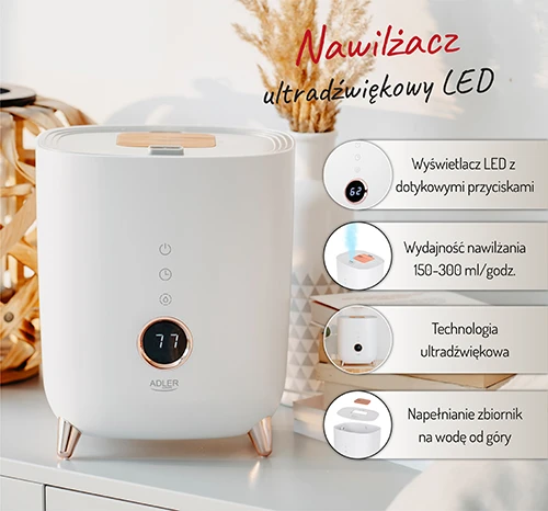 Adler | AD 7972 | Drėkintuvas | 23 W | Vanduo bako talpa 4 L | Tinka kambariams iki 35 m² | Ultragarsinis | Drėkinimo pajėgumas 150-300 ml/val | Baltas