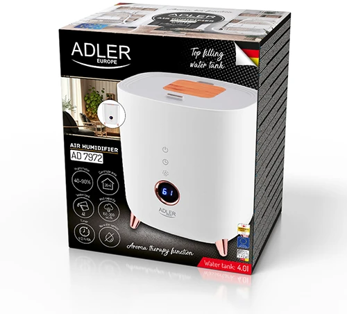 Adler | AD 7972 | Drėkintuvas | 23 W | Vanduo bako talpa 4 L | Tinka kambariams iki 35 m² | Ultragarsinis | Drėkinimo pajėgumas 150-300 ml/val | Baltas