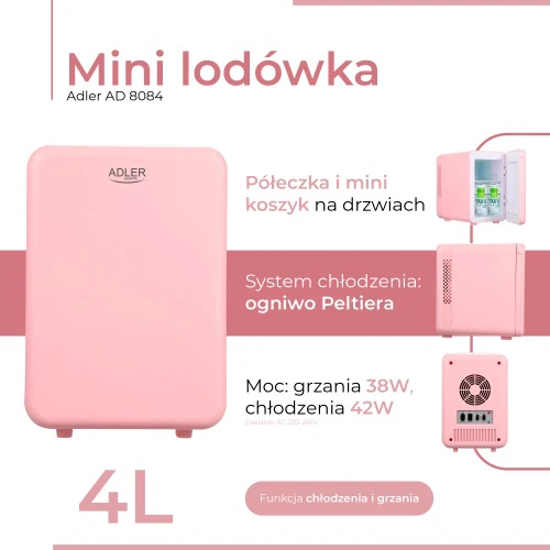 Mini šaldytuvas Adler AD 8084, 27 aukščio, 4 l, rožinis