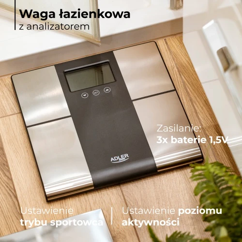 Virtuvinės svarstyklės Adler | Vonios svarstyklės su analizatoriumi | AD 8165 | Didžiausias svoris (keliamoji galia) 225 kg | Tikslumas 100 g | Kūno masės indekso (KMI) matas