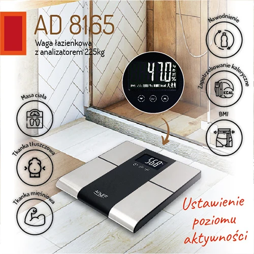 Virtuvinės svarstyklės Adler | Vonios svarstyklės su analizatoriumi | AD 8165 | Didžiausias svoris (keliamoji galia) 225 kg | Tikslumas 100 g | Kūno masės indekso (KMI) matas