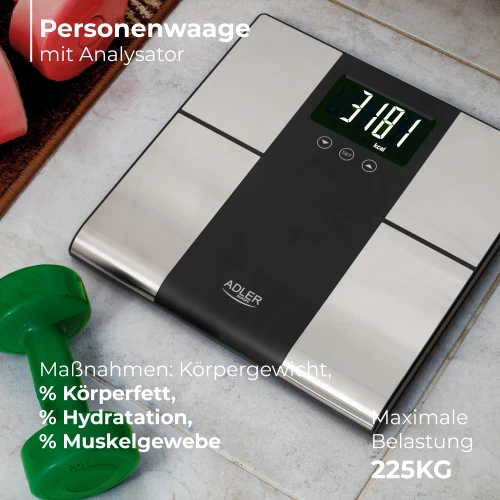 Virtuvinės svarstyklės Adler | Vonios svarstyklės su analizatoriumi | AD 8165 | Didžiausias svoris (keliamoji galia) 225 kg | Tikslumas 100 g | Kūno masės indekso (KMI) matas