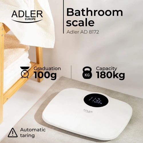 Adler | Vonios svarstyklės | AD 8172w | Didžiausias svoris (keliamoji galia) 180 kg | Tikslumas 100 g | Kūno masės indekso (KMI) matavimas | Baltas