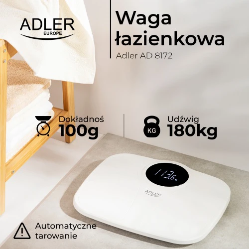 Adler | Vonios svarstyklės | AD 8172w | Didžiausias svoris (keliamoji galia) 180 kg | Tikslumas 100 g | Kūno masės indekso (KMI) matavimas | Baltas