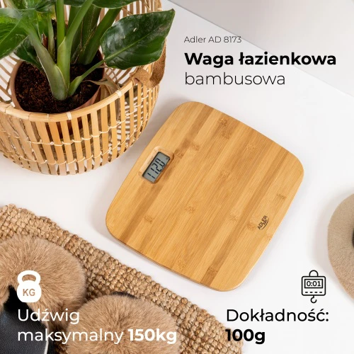 Adler | Bambuko svarstyklės vonios kambariui | AD 8173 | Didžiausias svoris (keliamoji galia) 150 kg | Tikslumas 100 g