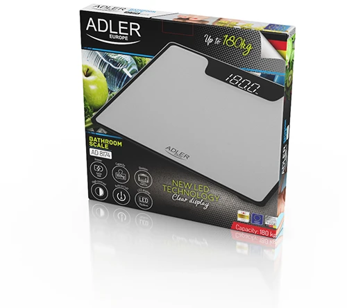 Adler | Vonios svarstyklės | AD 8174s | Didžiausias svoris (keliamoji galia) 180 kg | Tikslumas 100 g | sidabras