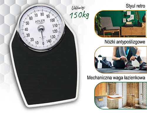 Virtuvinės svarstyklės Adler | Mechaninės vonios svarstyklės | AD 8177 | Didžiausias svoris (keliamoji galia) 150 kg | Tikslumas 1000 g | Juodas