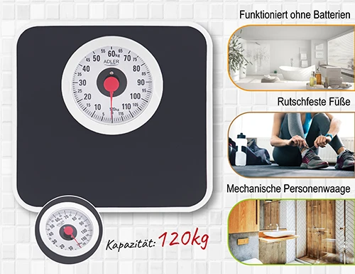 Virtuvinės svarstyklės Adler | Mechaninės vonios svarstyklės | AD 8178 | Didžiausias svoris (keliamoji galia) 120 kg | Tikslumas 1000 g | Juodas