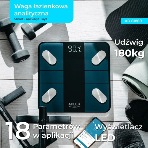 Virtuvinės svarstyklės Adler | Išmaniosios vonios svarstyklės | AD 8186b | Maksimalus svoris (keliamoji galia) 180 kg | Tikslumas 100 g | Kūno masės indekso (KMI) matavimas |