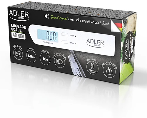 Virtuvinės svarstyklės Adler | Kelionių bagažo svarstyklės | AD 8191 | Didžiausias svoris (keliamoji galia) 50 kg | Tikslumas 10 g | Pilkas