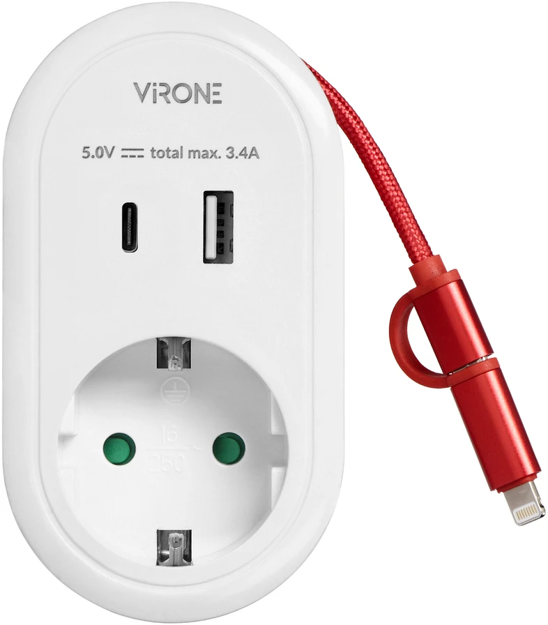 Orno Adapteris su USB įkrovikliu ir įkrovimo laidu (C tipo + „Lightning“), 1x2P+Z Schuko, 2xUSB (A+C tipo), maks. 3,4 A