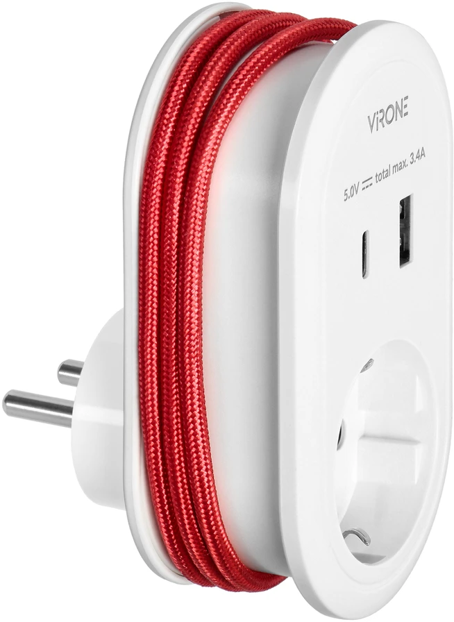 Orno Adapteris su USB įkrovikliu ir įkrovimo laidu (C tipo + „Lightning“), 1x2P+Z Schuko, 2xUSB (A+C tipo), maks. 3,4 A