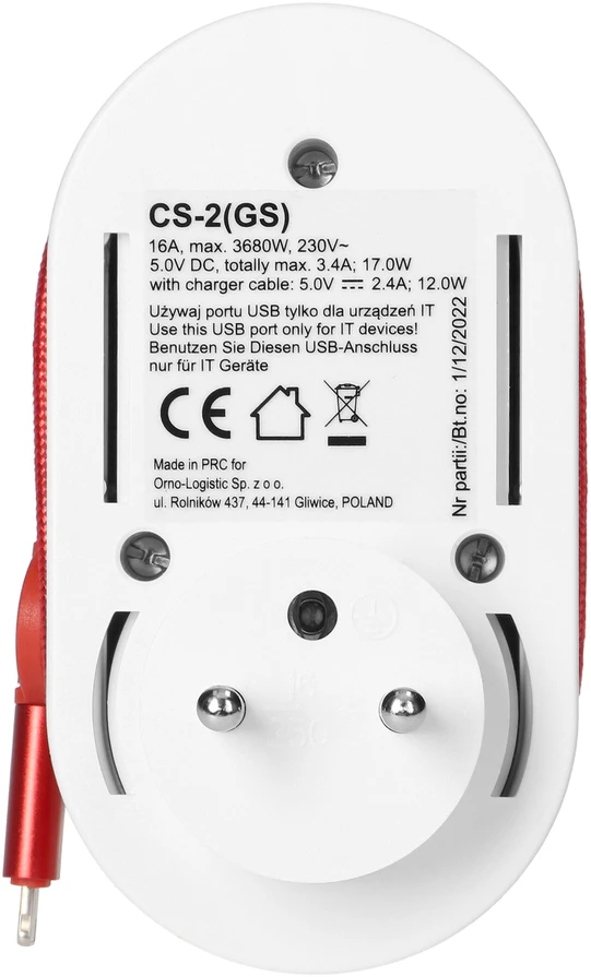 Orno Adapteris su USB įkrovikliu ir įkrovimo laidu (C tipo + „Lightning“), 1x2P+Z Schuko, 2xUSB (A+C tipo), maks. 3,4 A