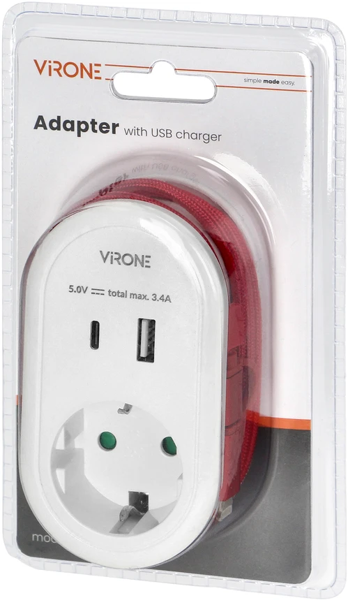 Orno Adapteris su USB įkrovikliu ir įkrovimo laidu (C tipo + „Lightning“), 1x2P+Z Schuko, 2xUSB (A+C tipo), maks. 3,4 A