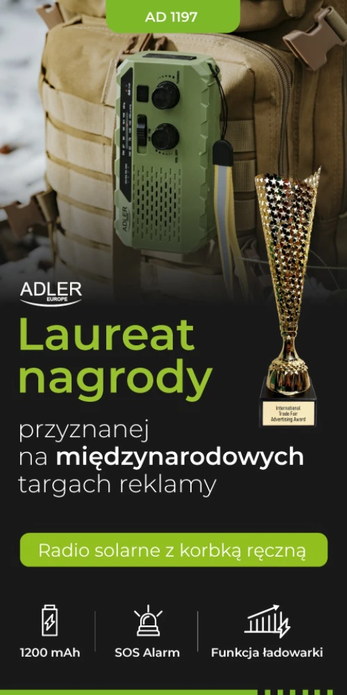 Adler AD 1197 žalias saulės energija varomas radijas su rankiniu švaistikliu