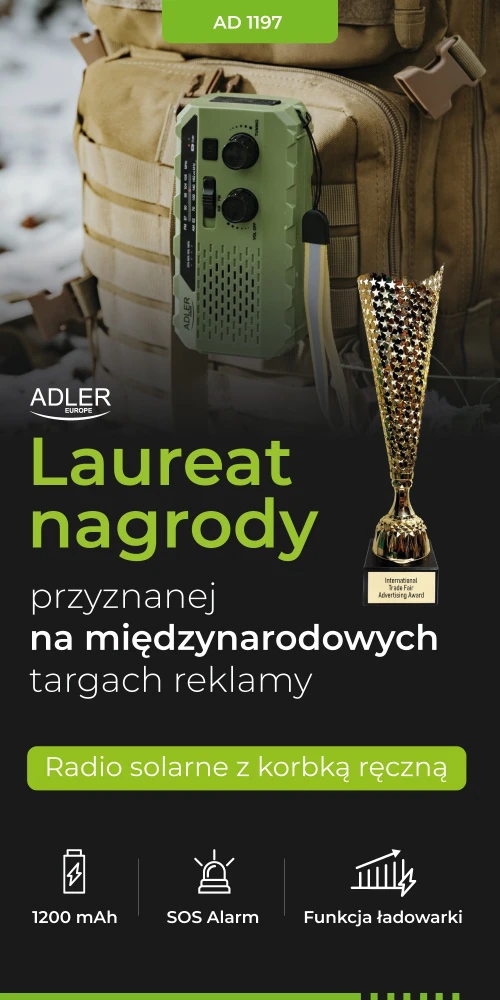 Adler AD 1197 žalias saulės energija varomas radijas su rankiniu švaistikliu