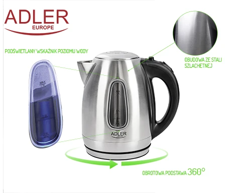 Adler | Virdulys | AD 1223 | Standard | 2200 W | 1.7 L | Nerūdijantis plienas | 360° rotational base | Nerūdijantis plienas