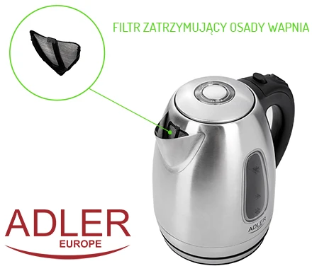 Adler | Virdulys | AD 1223 | Standard | 2200 W | 1.7 L | Nerūdijantis plienas | 360° rotational base | Nerūdijantis plienas