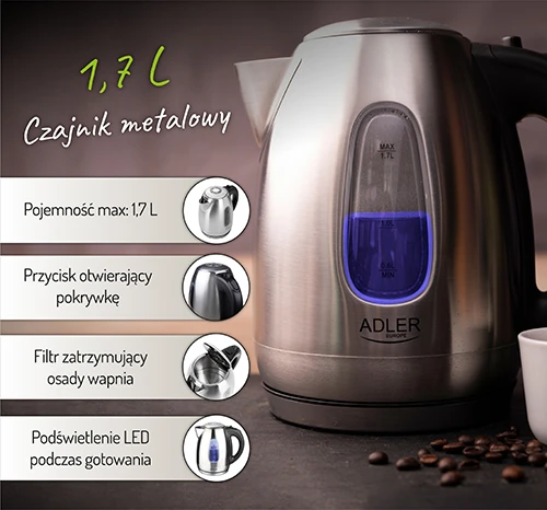 Adler | Virdulys | AD 1223 | Standard | 2200 W | 1.7 L | Nerūdijantis plienas | 360° rotational base | Nerūdijantis plienas