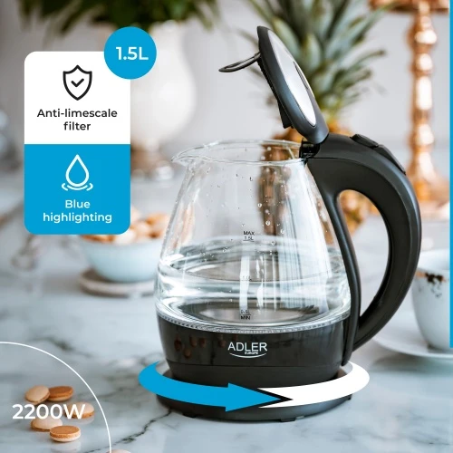 Adler | Virdulys | AD 1224 | Standard | 2000 W | 1.5 L | Glass | 360° rotational base | Juodas