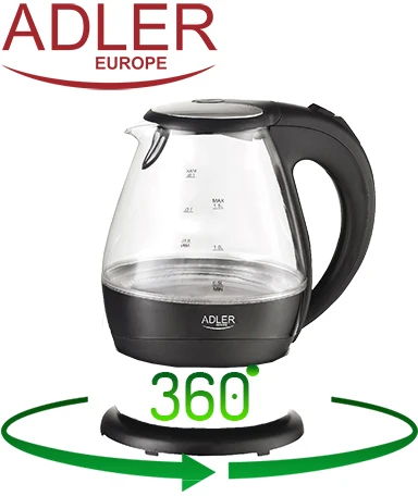 Adler | Virdulys | AD 1224 | Standard | 2000 W | 1.5 L | Glass | 360° rotational base | Juodas
