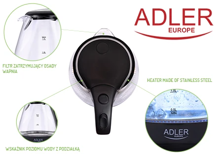 Adler | Virdulys | AD 1224 | Standard | 2000 W | 1.5 L | Glass | 360° rotational base | Juodas