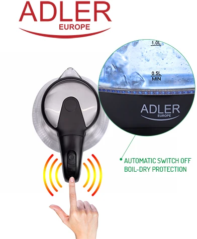 Adler | Virdulys | AD 1224 | Standard | 2000 W | 1.5 L | Glass | 360° rotational base | Juodas
