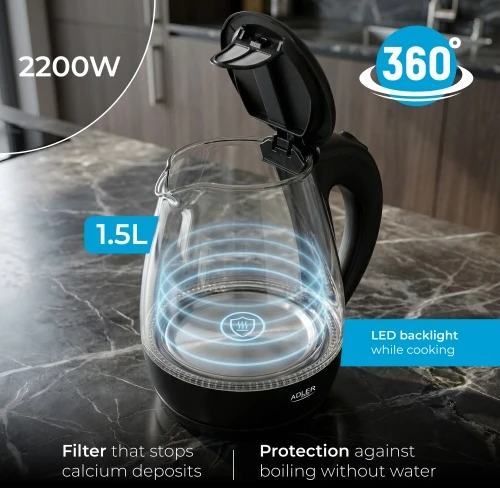 Adler | Virdulys | AD 1224 | Standard | 2000 W | 1.5 L | Glass | 360° rotational base | Juodas
