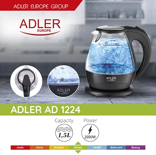 Adler | Virdulys | AD 1224 | Standard | 2000 W | 1.5 L | Glass | 360° rotational base | Juodas