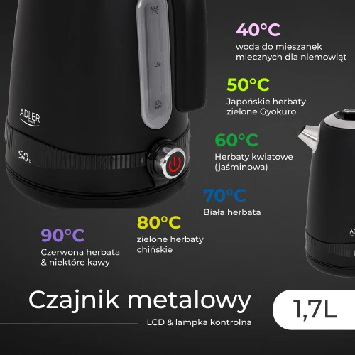 Adler | Virdulys | AD 1295b | Electric | 2200 W | 1.7 L | Nerūdijantis plienas | 360° rotational base | Juodas