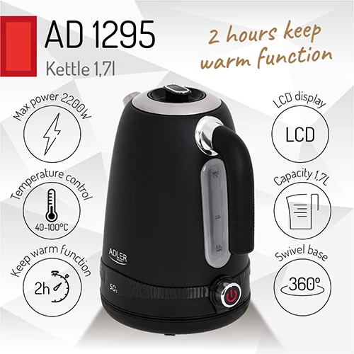 Adler | Virdulys | AD 1295b | Electric | 2200 W | 1.7 L | Nerūdijantis plienas | 360° rotational base | Juodas