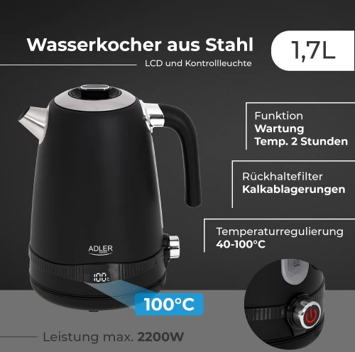 Adler | Virdulys | AD 1295b | Electric | 2200 W | 1.7 L | Nerūdijantis plienas | 360° rotational base | Juodas