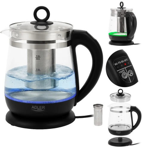 Adler | Virdulys | AD 1299 | Electric | 2200 W | 1.5 L | Glass | 360° rotational base | Juodas