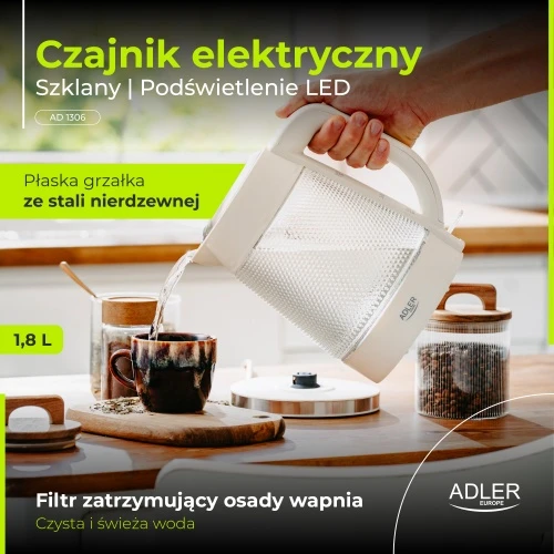 Adler AD 1306 Elektrinis virdulys stiklinis | talpa 1,8 l | pašvietimas led