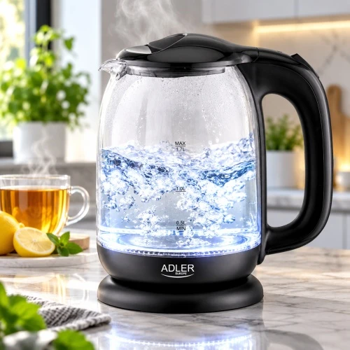 Adler AD 1311 juodas Elektrinis virdulys stiklinis 1,7 l, 2200 w, pašvietimas led, obrotowa podstawa 360°, automatyczne wyłączanie