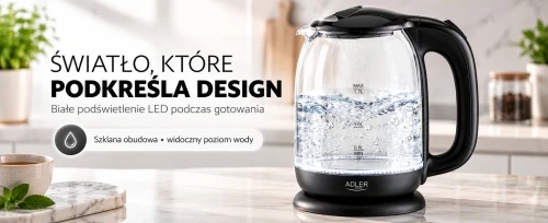 Adler AD 1311 juodas Elektrinis virdulys stiklinis 1,7 l, 2200 w, pašvietimas led, obrotowa podstawa 360°, automatyczne wyłączanie