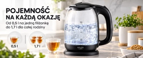 Adler AD 1311 juodas Elektrinis virdulys stiklinis 1,7 l, 2200 w, pašvietimas led, obrotowa podstawa 360°, automatyczne wyłączanie